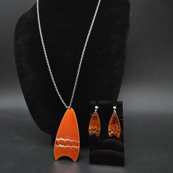 Sheffield England 1970s Orange Enamel Pendant Necklace Earrings Set - Picture 11 of 11